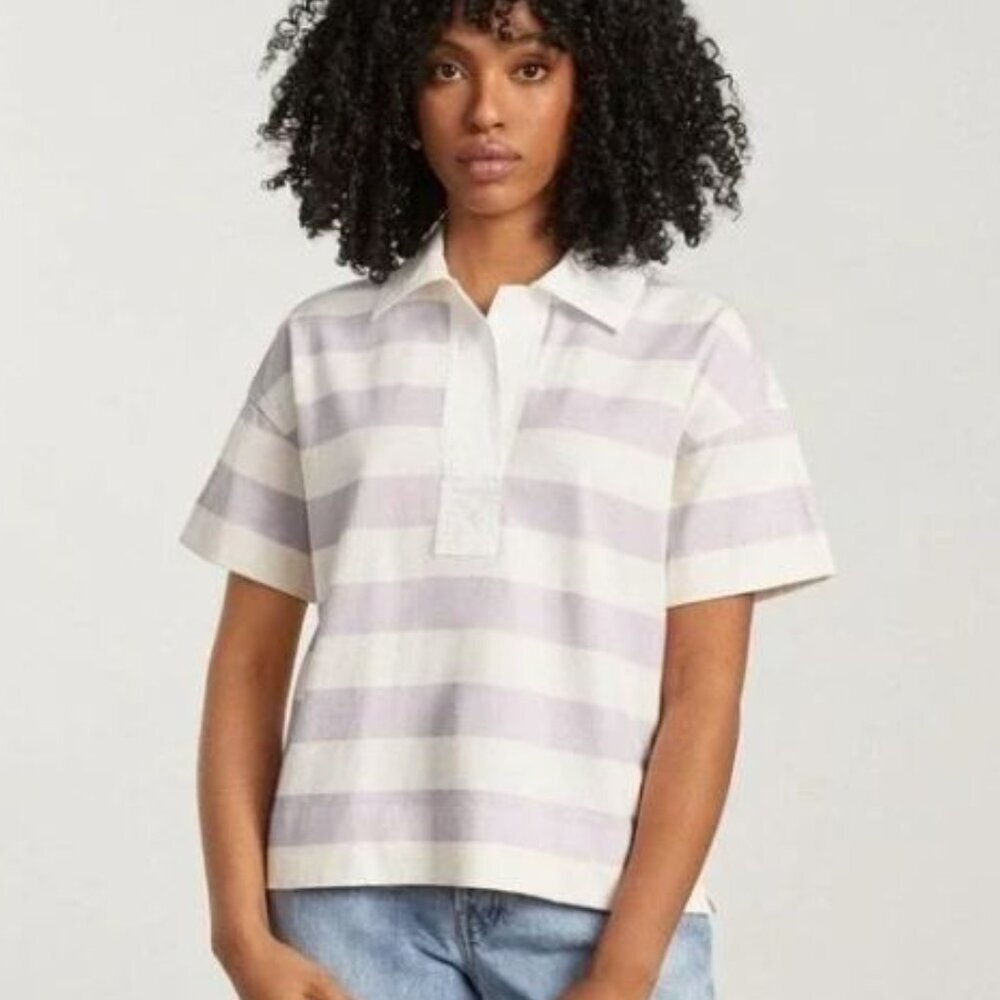 NWT Everlane Retro Jersey Striped Polo Shirt Purple and White Stripe Size XS